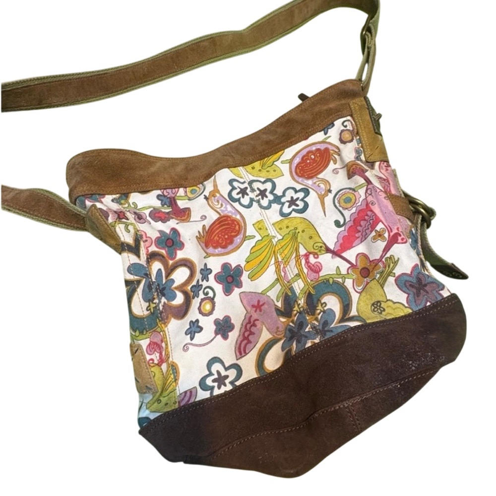 Lucky Brand boho-style canvas satchel suede accents hummingbird and floral print